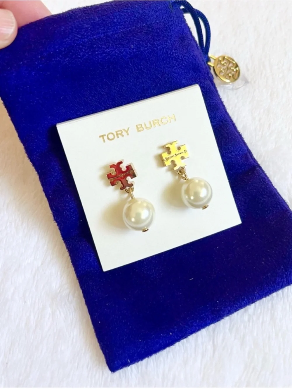 Tory Burch Gold-Tone Logo Drop Earrings with Cream Pearls